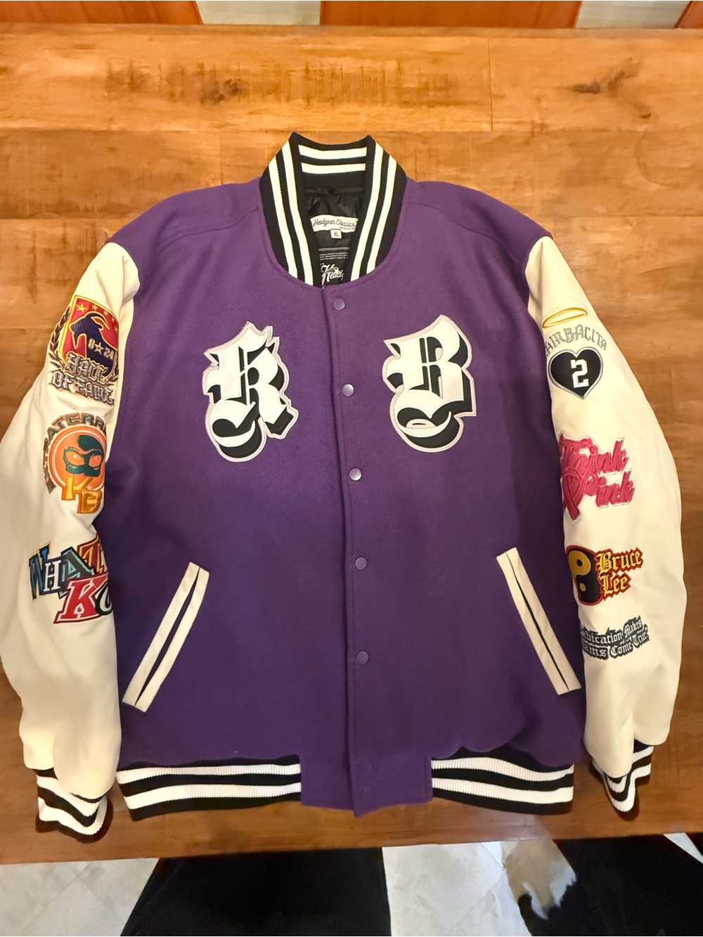 Purple & White Mamba Varsity Letterman Jacket with Patch Details
